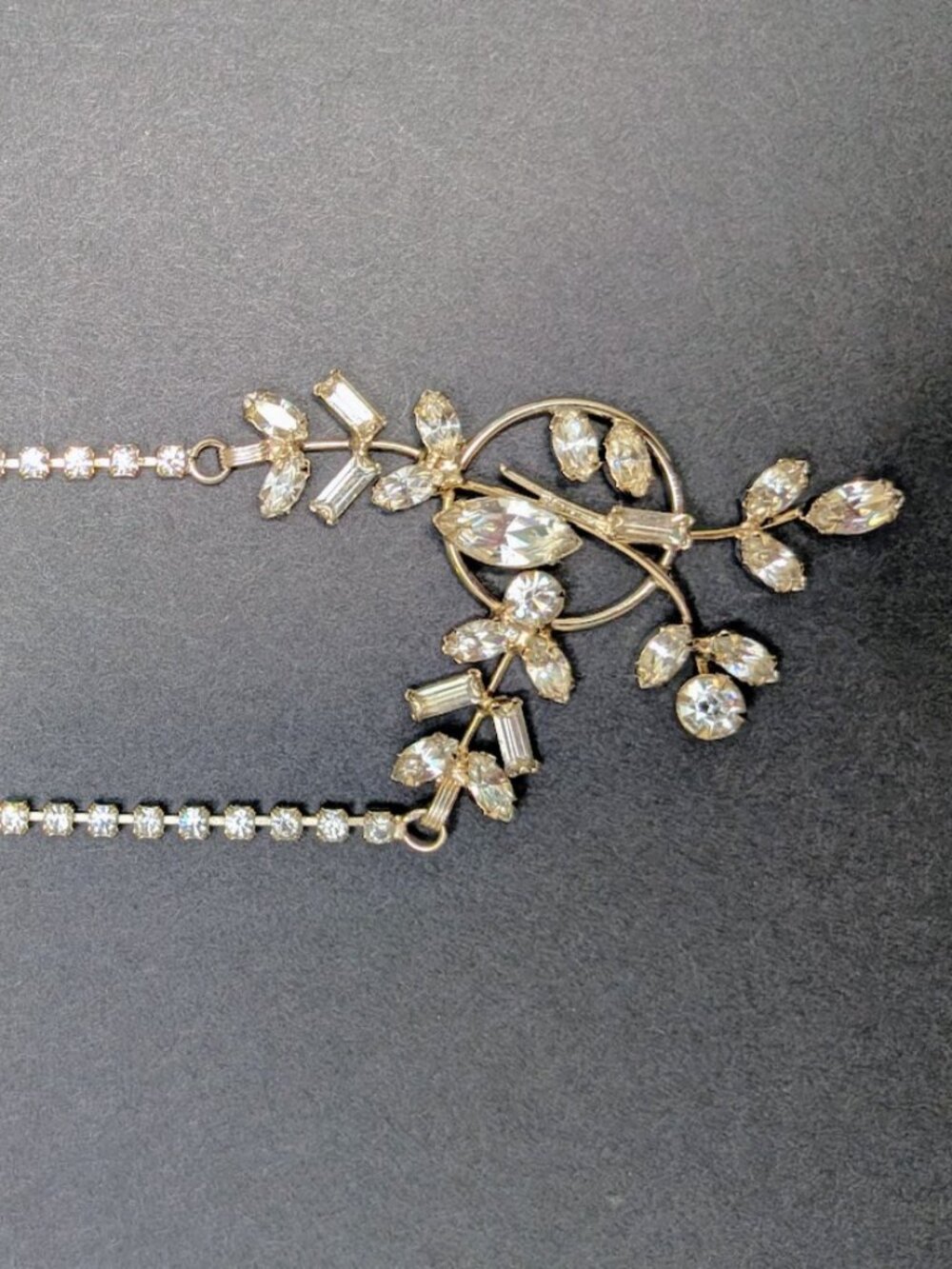 Vintage Clear Rhinestone Floral Statement Necklace Silver Tone Bridal Jewelry